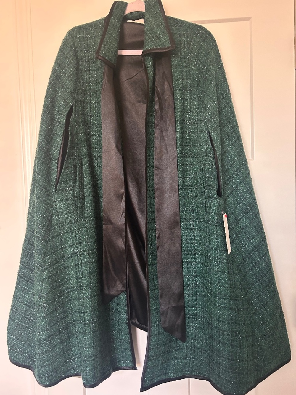 Aura Emerald Green Tweed Cape Coat | Women's Medium | Open Front Poncho Wrap | N